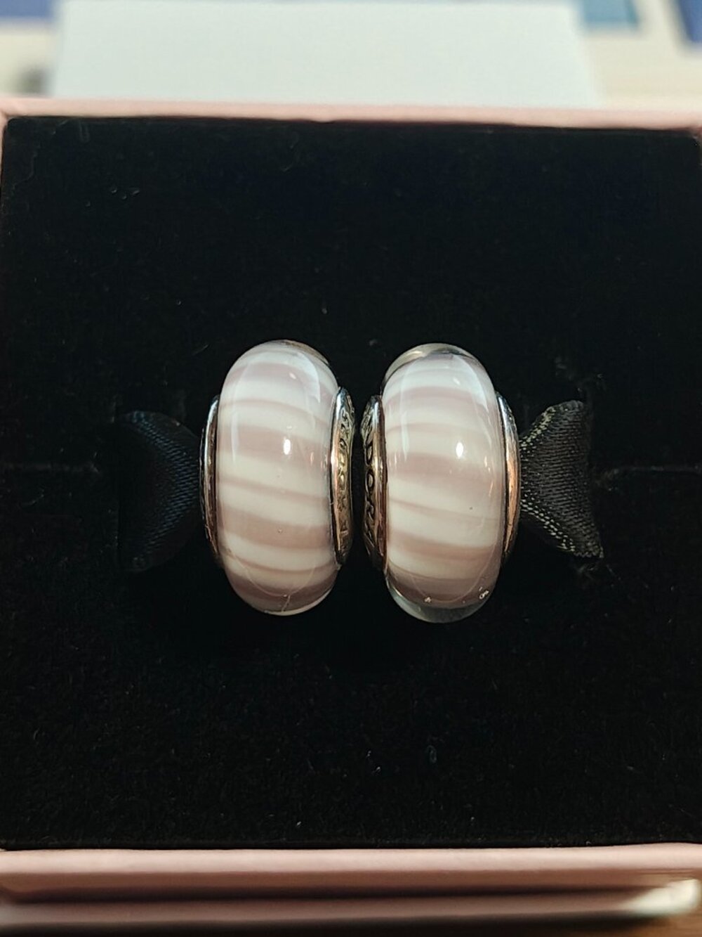 Authentic Pandora Set of 2 Pink Candy Stripes Murano Charms 790682 Retired